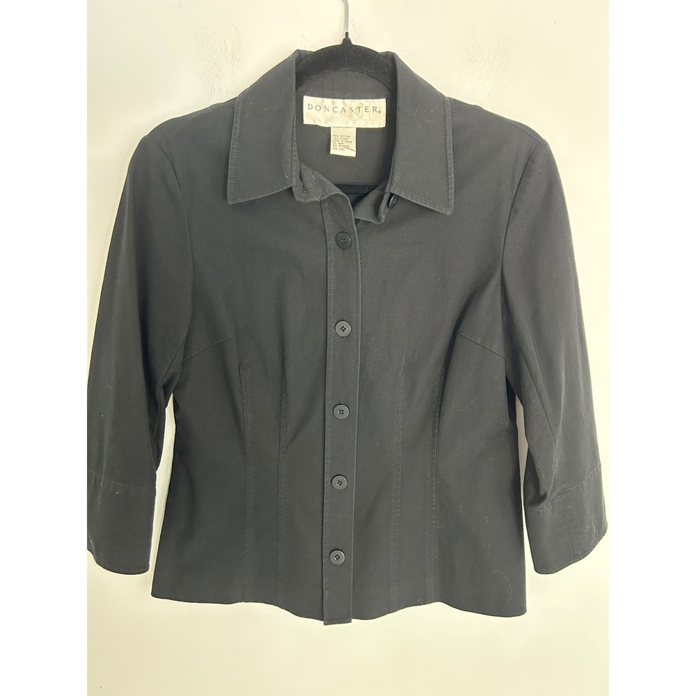 Doncaster Womens Black Cotton Lycra 3/4 Sleeve Button Front Jacket Top Size 4